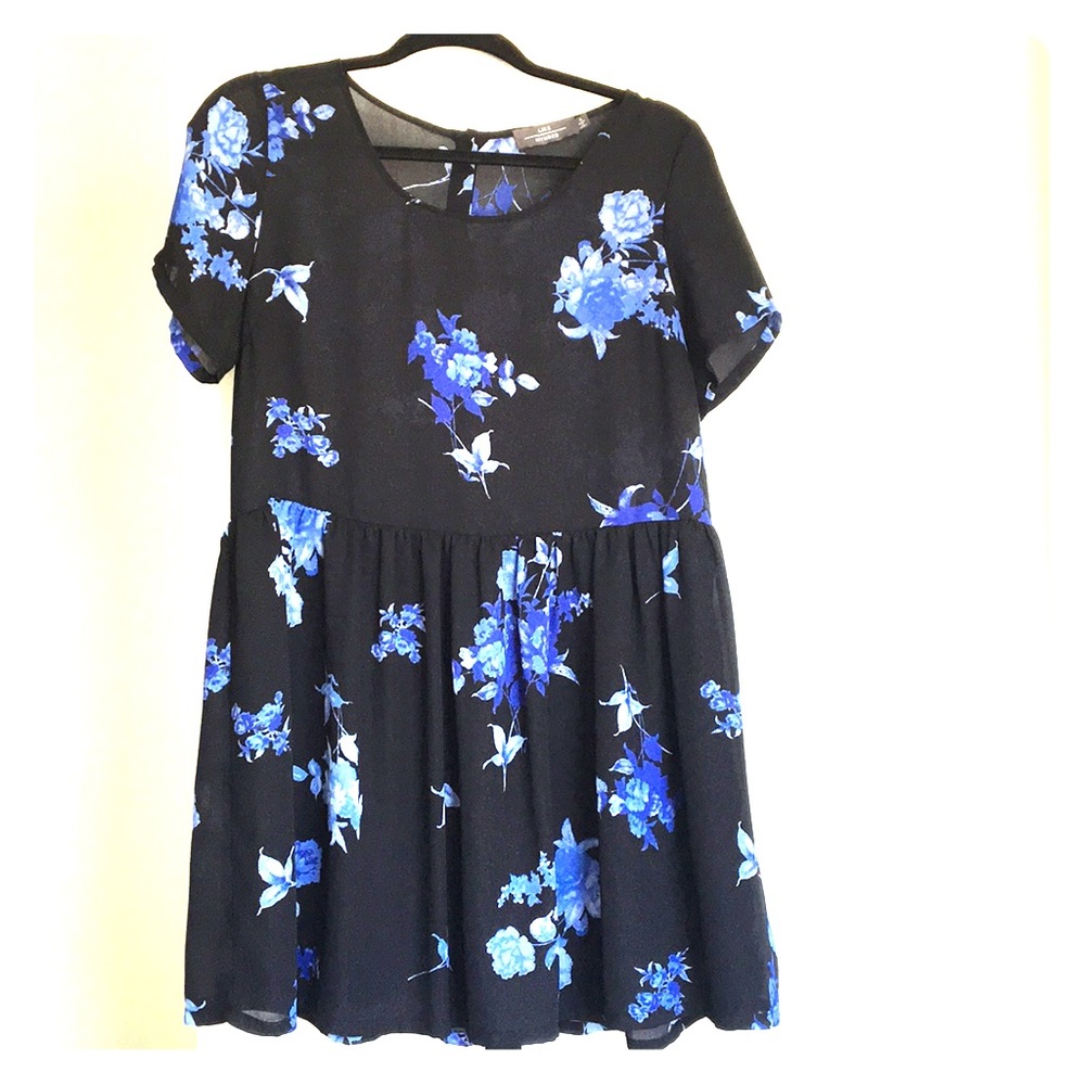Black dress with blue flowers